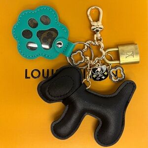 Louis Vuitton Lock, Black Leather Dog/Paw Charm, LV Zipper pull, 6.5 inches